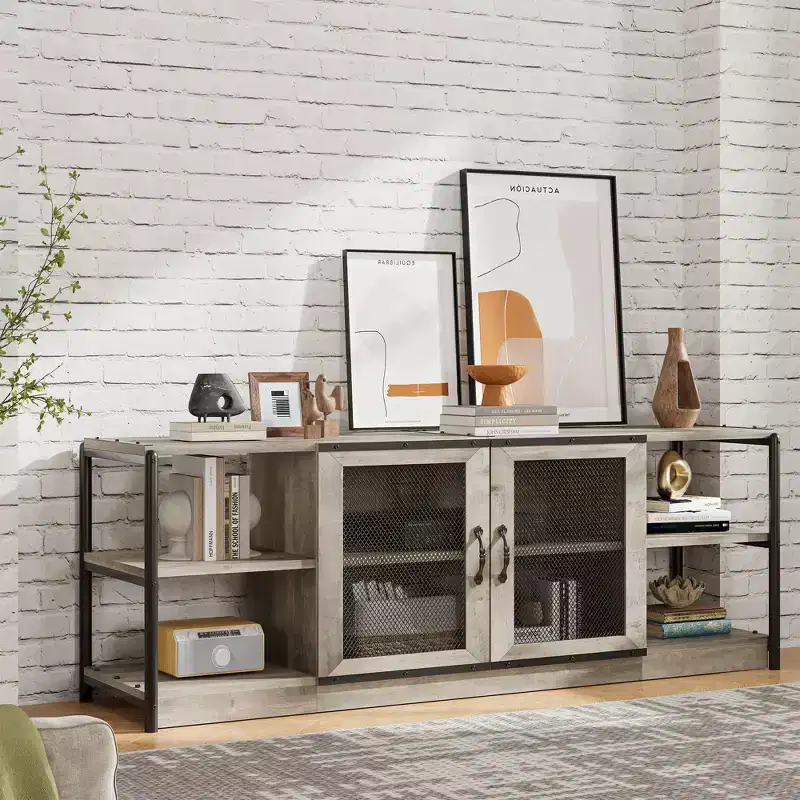 Industrial Farmhouse TV Stand with 2 Mesh Doors, Entertainment Center for 73-80 Inch TV, Sturdy Media Console with Adjustable Shelves, Storage Cabinet