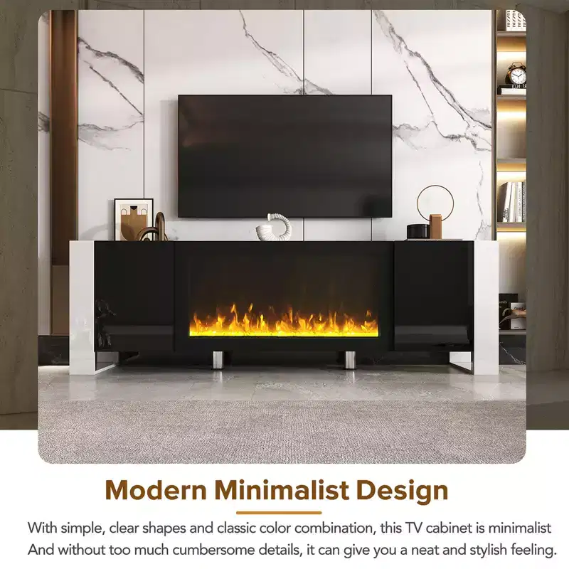 Modern Tv Stand, 2 Large Cabinets, Shelves Fireplace Tv Stand with 34.2 Electric Fireplace, Minimalist Entertainment Center TV Console