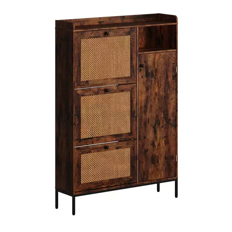 CuisinSmart 3 Tier Free Standing Shoe Cabinet with Natural Rattan, Shoe Organizer with Adjustable Shelves, Narrow Shoe Rack for Hallway, Retro
