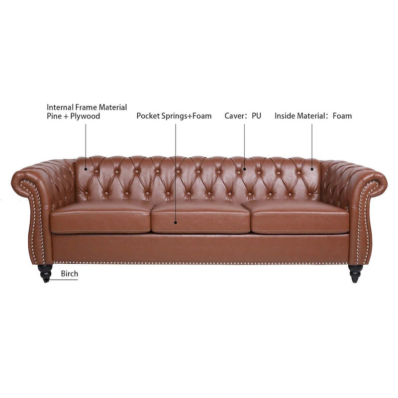 Classically Elegant 84.65 Three-Seater Rolled Arm Chesterfield Sofa in PU Leather - Sturdy Birch Legs, Soft Upholstery