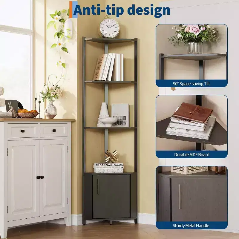 Corner Shelf 5-Tier Modern Wall Mounted Display Rack Adjustable Brightness Space-Saving Storage for Bedroom Living Room Office