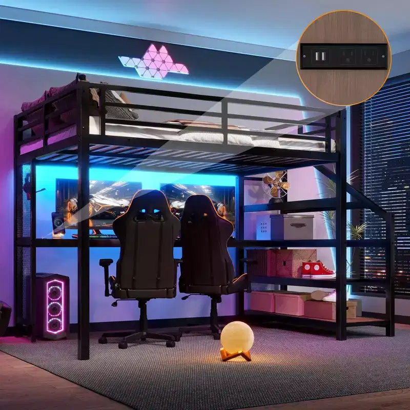 Queen Metal Loft Bed with Desk, Storage Stairs, LED Lights, USB Ports, No Spring Box Needed and Noise-free, Black