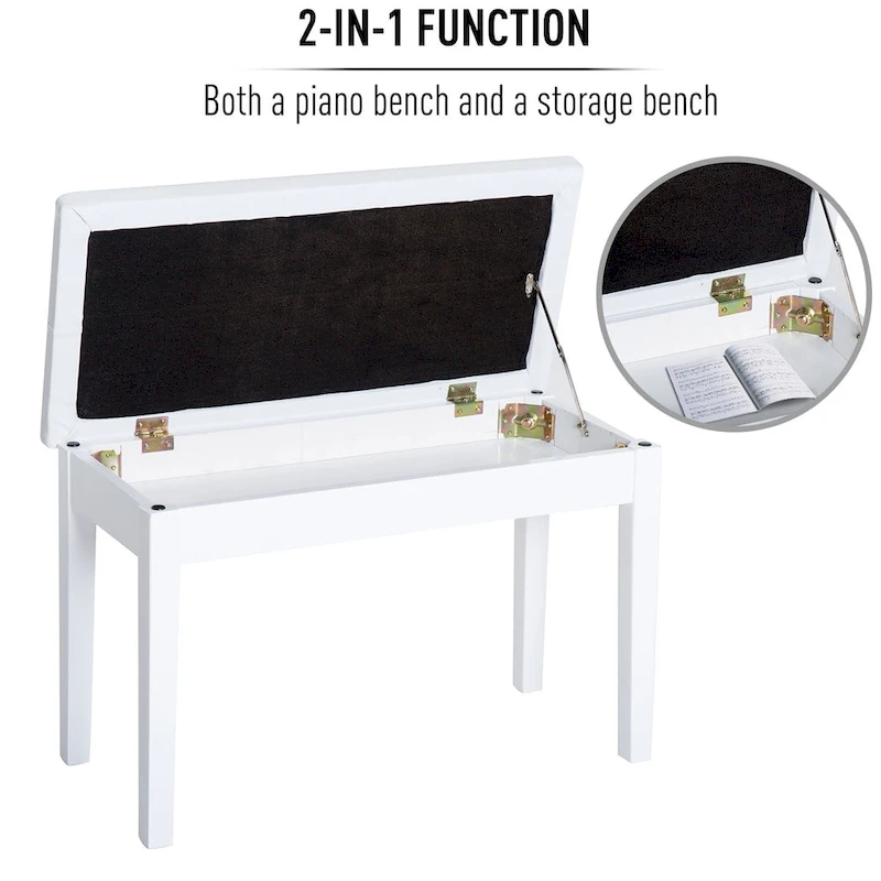 HOMCOM Traditional Country Birchwood Faux Leather Padded 2 Person Piano Bench - White