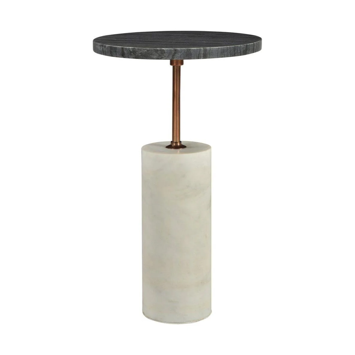 Modern Marble & Brass Iron Side Table with Grey Top & White Cylindrical Pedestal for Living Room