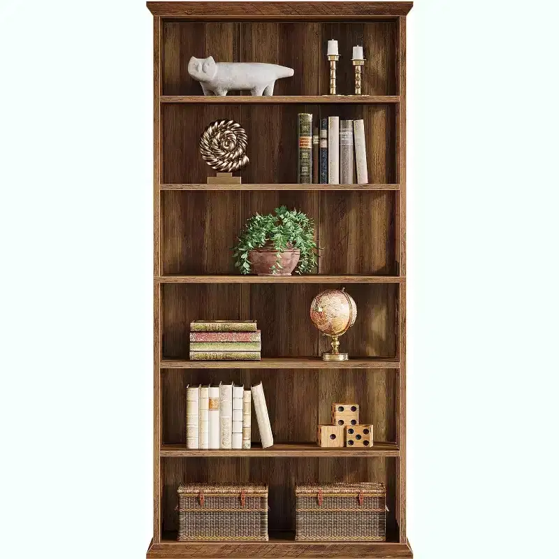 6-Tier Wood Bookshelf, 75-Inch Tall Bookcase, Large Freestanding Display Shelves