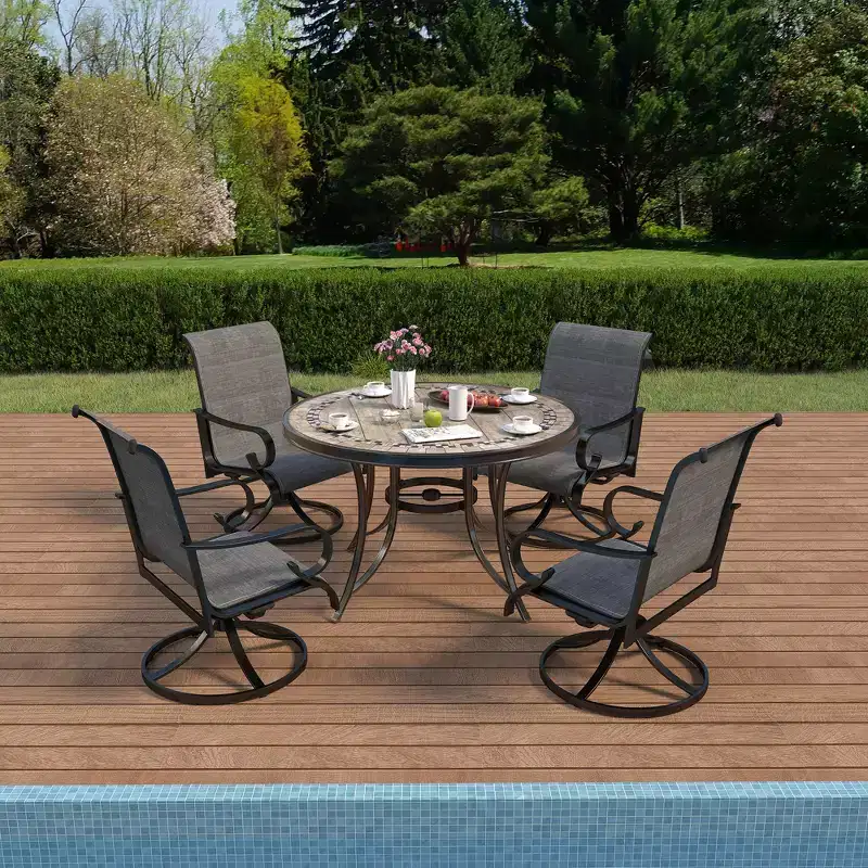 CLIHOME 5-Piece Outdoor Aluminum Dining Set With 4 360 Swivel Chairs & 1 48 Round Ceramic Tile Table Equipped With 2.3 Umbrella Hole