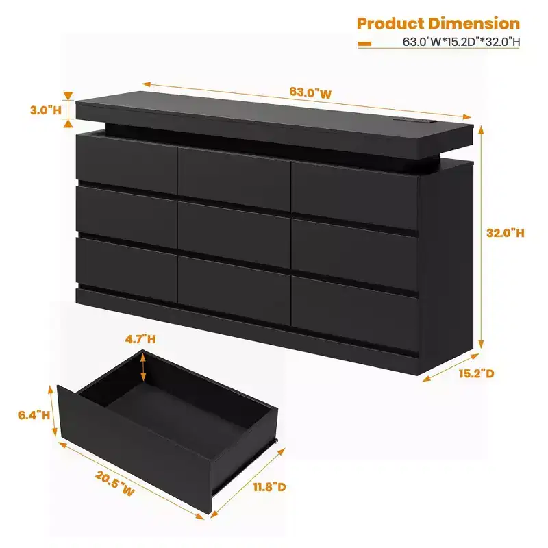9 Drawer Dresser for Bedroom, Chest of Drawers with Charging Station & LED Lights, Double Wooden Closet Storage Cabinet, Modern Dresser TV Stand