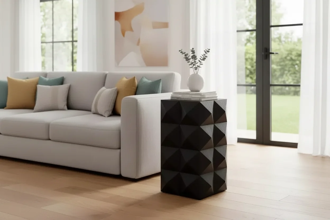 Geometric Carved Solid Wood Accent End Table, Black Side Table for Living Room and Bedroom