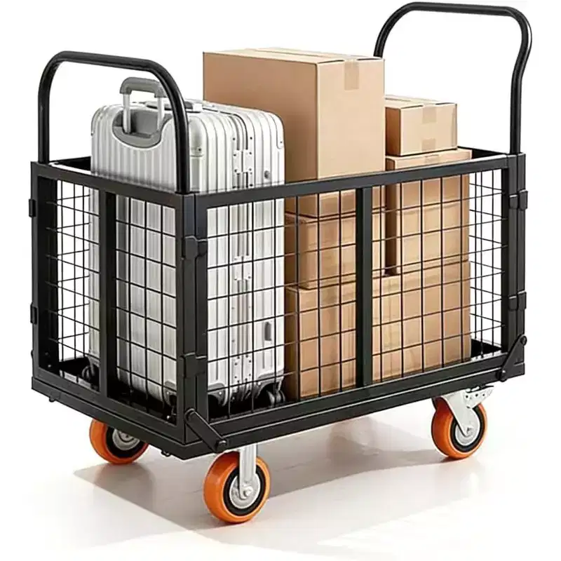 6-in-1 Truck Cart with Cage, Foldable Hand Truck Load 1800 with 4 Push Cart for Grocery, Laundry, Garage, Warehouse