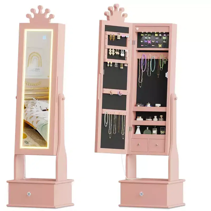 Freestanding Kids Jewelry Armoire Cabinet, 3 Storage Drawers, Anti-Tip, Adjustable Tilt, for Living Room