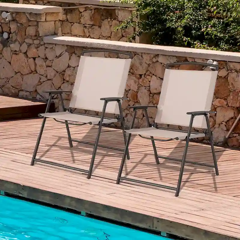 Costway 2 pcs Patio Folding Sling Dining Chairs Armrests Steel Frame - See Details