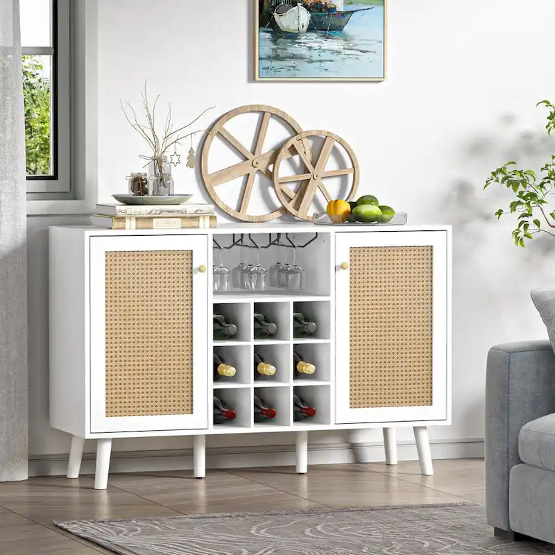 Anmytek 2-Door Modern Kitchen Buffet Sideboard Storage Cabinet with Wine Rack and Glass Holder