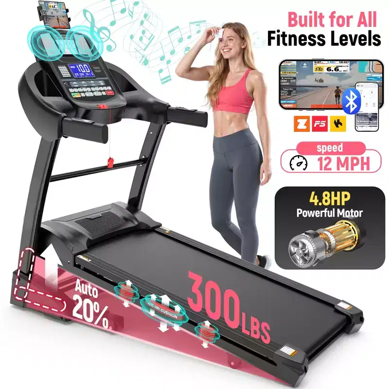 4.8HP Folding Treadmill with 20% Auto Incline, 300LB Capacity, 12MPH, Home Gym Treadmill with Powerful Motor and Space-Saving Design