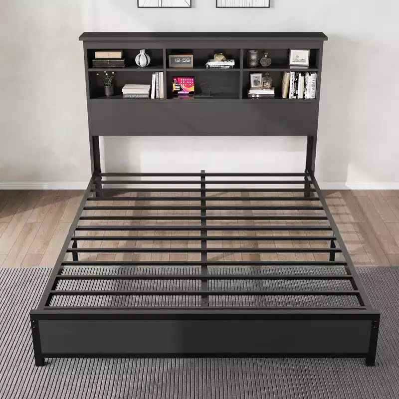COZONY Bed Frame with Bookcase Headboard and Charging Station, 2-Tier Storage Platform Bed with Easy Assembly