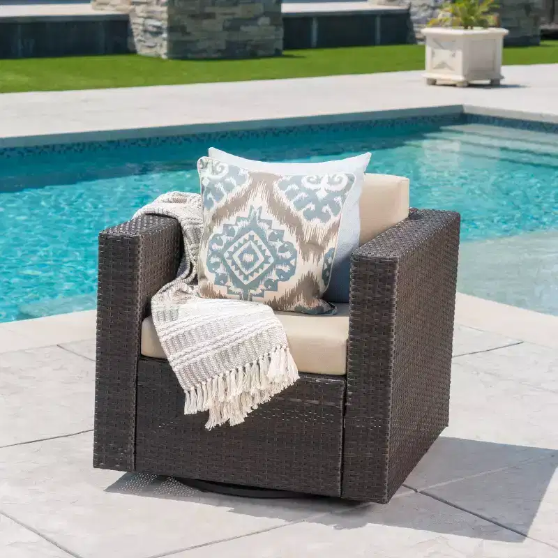 TUYOHW 360 Swivel Patio Accent Chairs,PE Rattan Outdoor Armchairs with Iron Base & Upholstered Back,Patio Furniture Seating