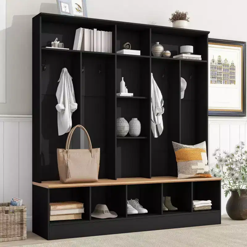 The Misty Moon Black Hall Tree with Storage Bench Shoe Cabinet with Cube Storage and Shelves, Multifunctional Coat Rack with 8 Hooks