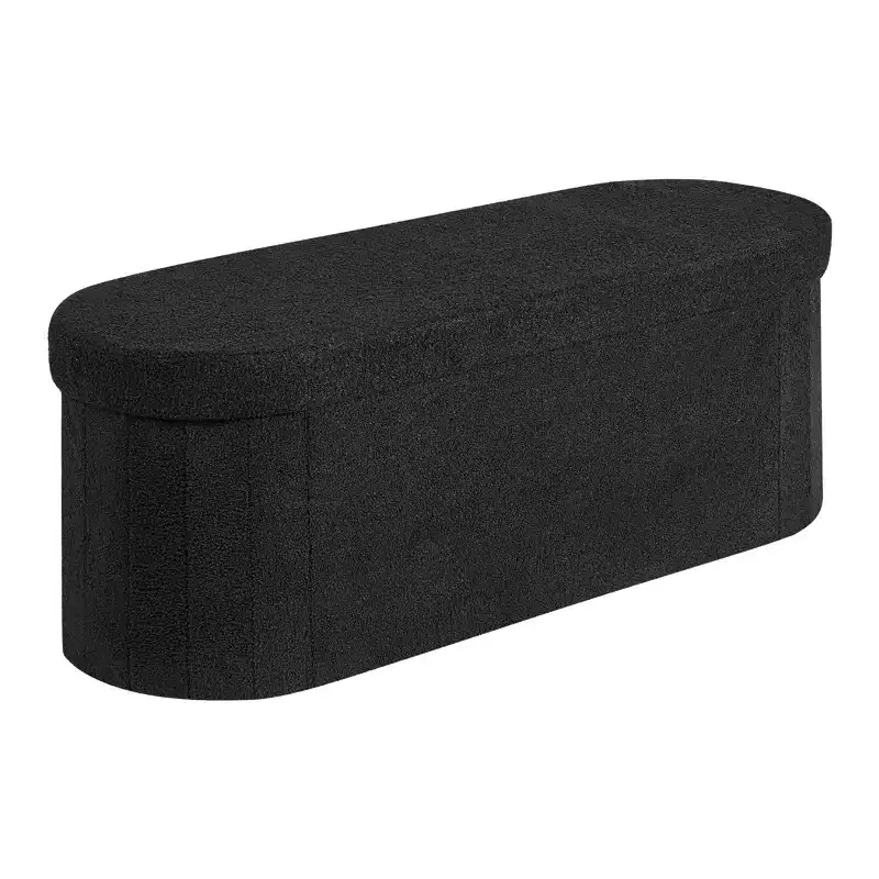 Oval Foldable Storage Ottoman Bench, Teddy Fleece Upholstered End-of-Bed Chest, 660 lbs Capacity, Black