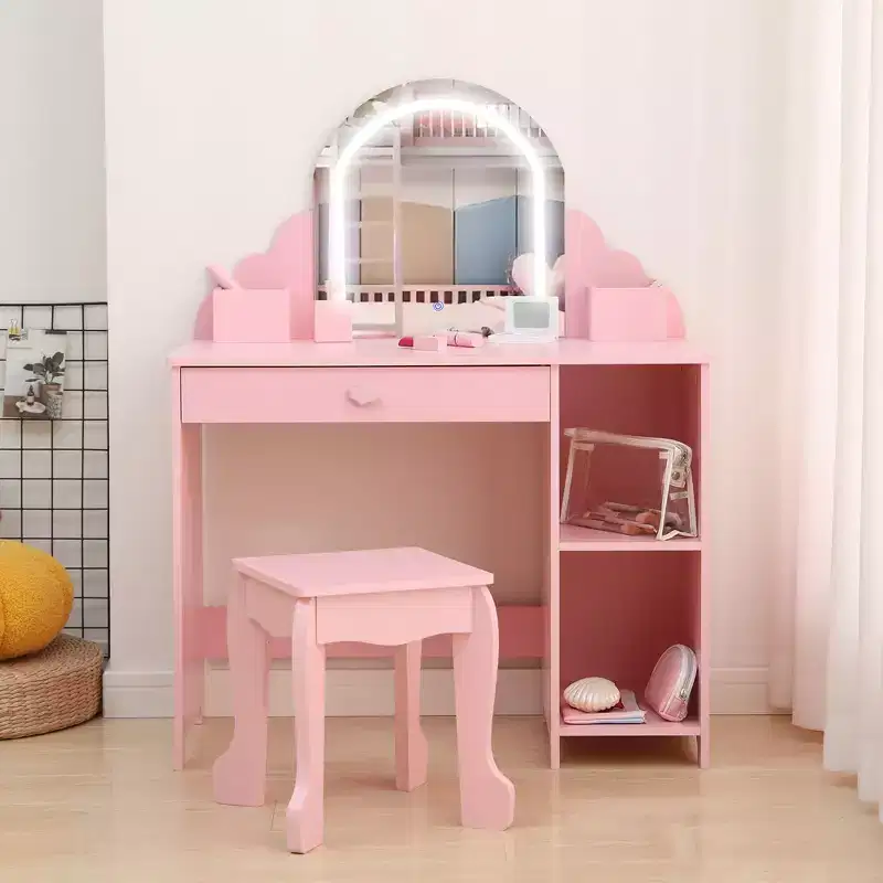 Kids Vanity Set with Lighted Mirror & Stool Makeup Table with Storage Drawer & Shelves for Girls Ages 39