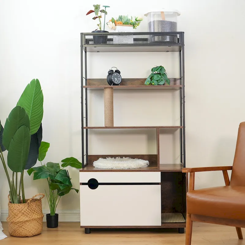 Cat Litter Box Enclosure with Shelves,Hidden Litter Box with Scratching Posts, litter box furniture ,Wooden Cat tree