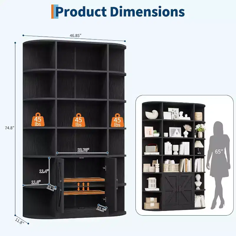Acekool 75 Tall 6-Tier Kids Bookshelf with Storage Cabinet & Doors, Organizer for Bedroom