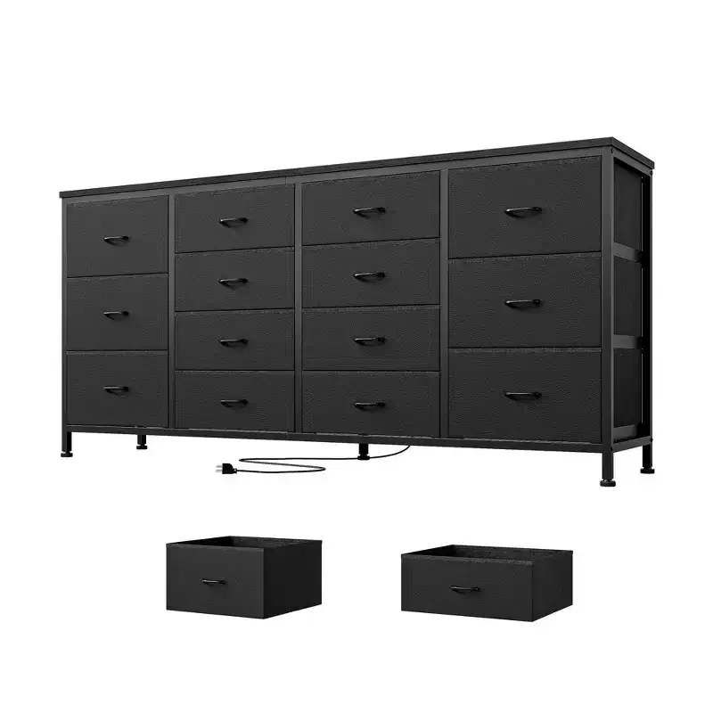 14 Drawer Dresser, 63 Inch Black Fabric Dresser TV Stand with Power Outlet for 65 70 75 Inch TV, Long Entertainment Center for Bedroom, Closet