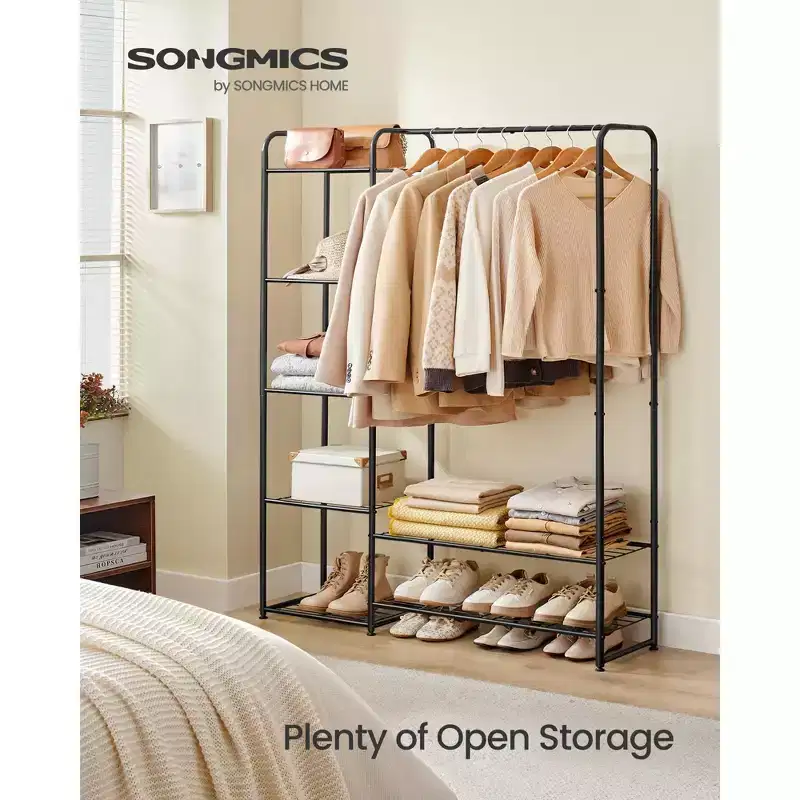 Wardrobe Closet, 44.1 Inch Portable Clothes Rack with 7 Shelves & Hanging Bar, Heavy-Duty Steel Frame for Bedroom Closet, Black
