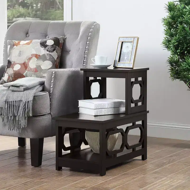 2-Step Chairside End Table, L-Shaped Frame with Octagon Side Panels, Three-Tier Storage