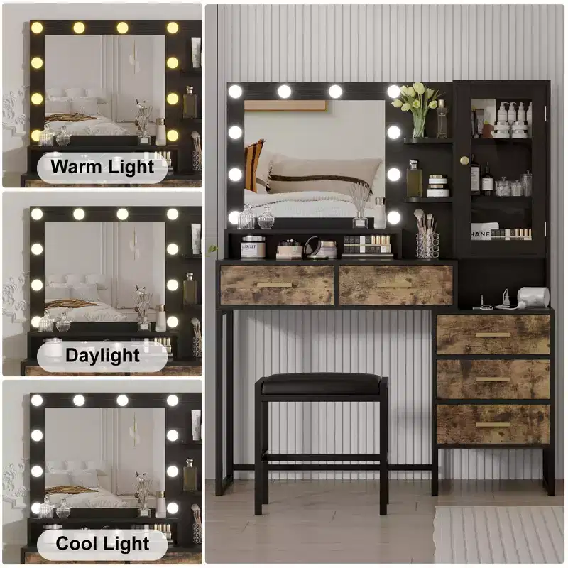 Makeup Vanity with Lights In 3 Colors, Vanity Table with Charging Station, Vanity Desk with Drawers Shelves Mirror, Dressing Table for Bedroom