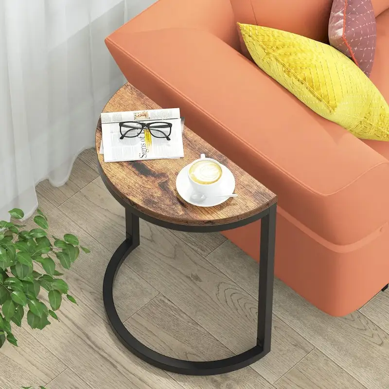 Half Round End Table, Narrow Side Table Slim C Table with Metal Frame