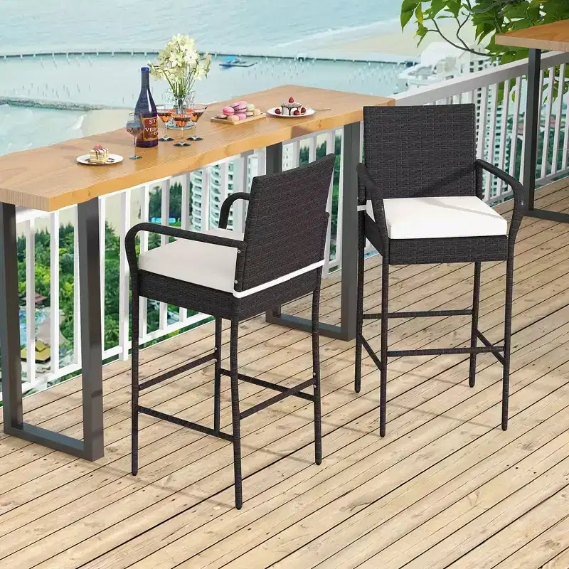 Costway 2PCS Patio PE Wicker Bar Chairs Counter HeightBarstools with Armrests &Cushions