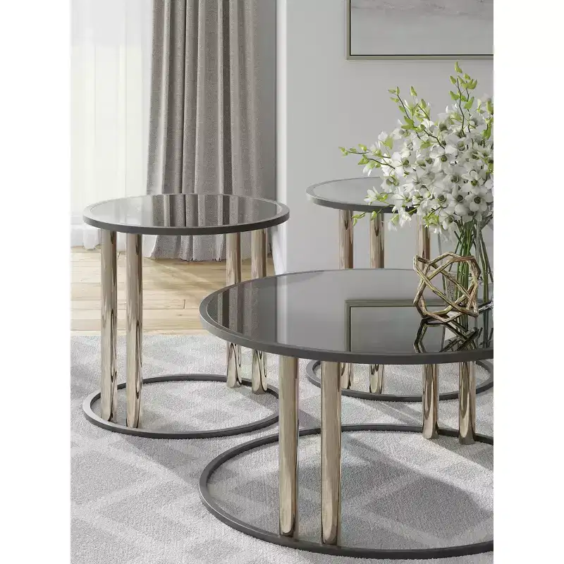 Signature Design by Ashley Hannerly Occasional Table Set, Coffee Table and 2 End Tables, Black Glass with Goldtone Metal