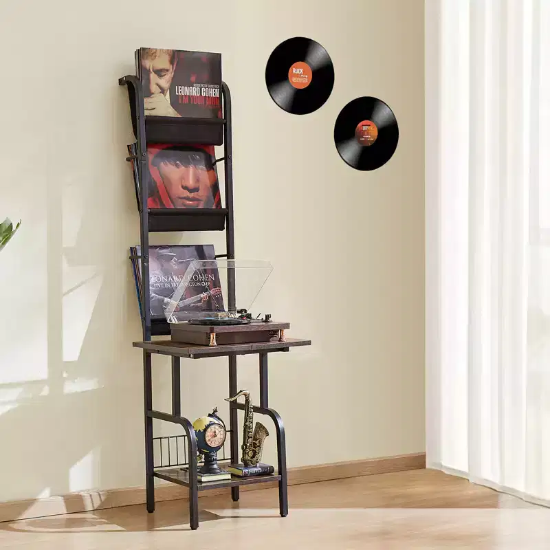 Record Player Stand, 5 Tiers Tall Vinyl Record with Charging Station & USB Ports, Holds up to 200 Albums, Turntable Stand, Black
