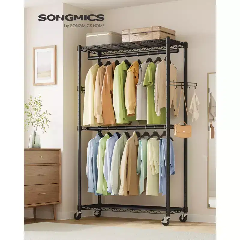 SONGMICS Heavy-Duty Rolling Clothes Rack, Garment Rack, Portable Closet on Wheels, with Adjustable Mesh Shelves and Hanging Rails, Hooks,Ink Black