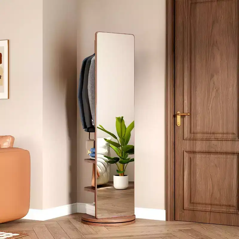 Rotating Full Length Mirror with Hook Coat Rack, Freestanding Floor Mirror for Bedroom and Dressing Room, Walnut