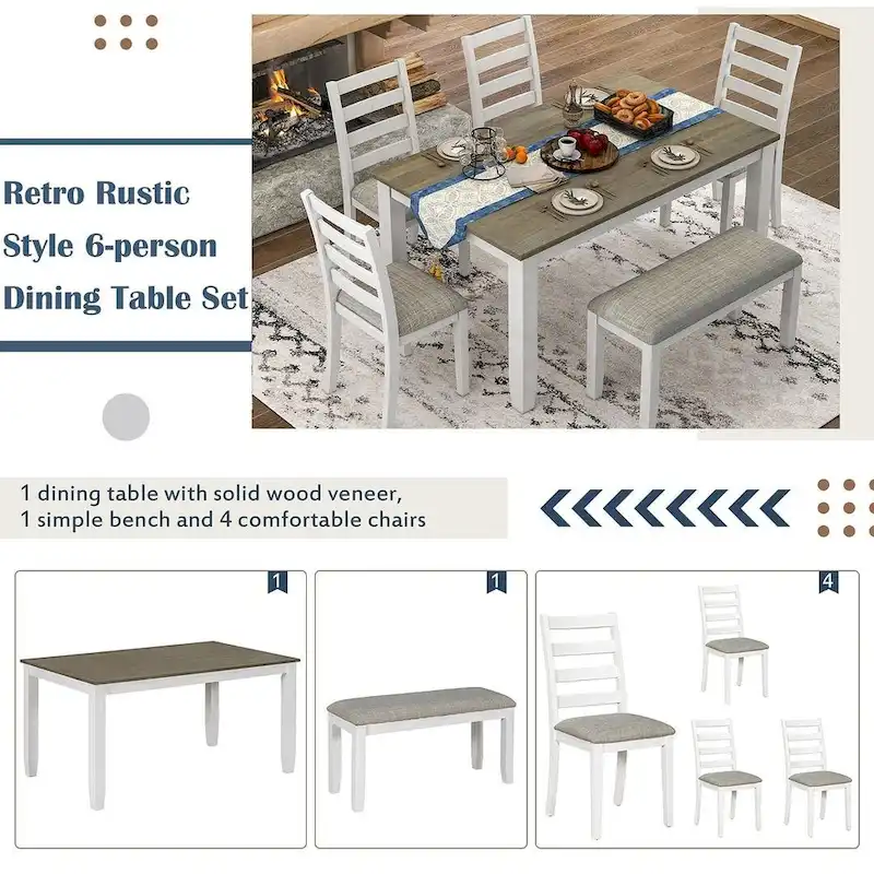 60 Farmhouse Rectangular Dining Table with 4 Upholstered Chairs and Bench