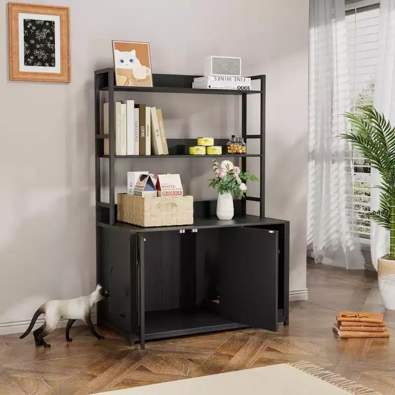 Large Cat Litter Box Enclosure with Storage, 52in Cat House Furniture with Scratching Mat and 2 Shelves