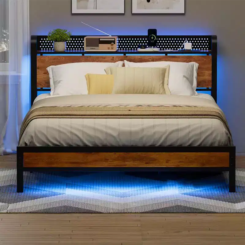 Industrial Queen Bed Frame with Charging Station Rustic Wood Storage Headboard LED Lights Metal Platform Bed USB Ports Heavy Duty Support
