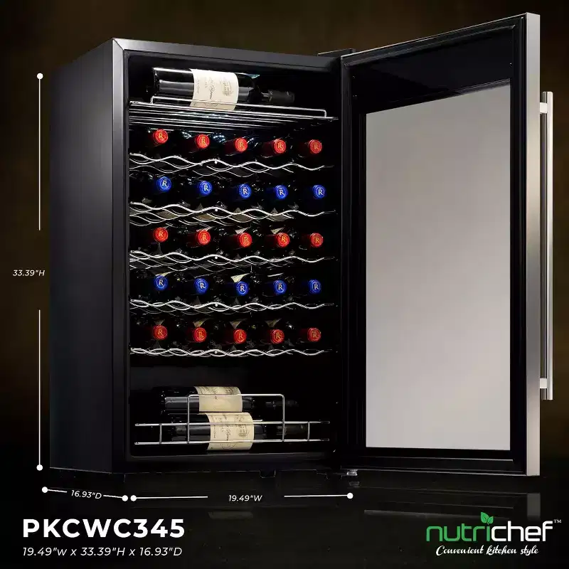 NutriChef 34-Bottle Single-Zone Wine Cooler with Digital Touch Button Control