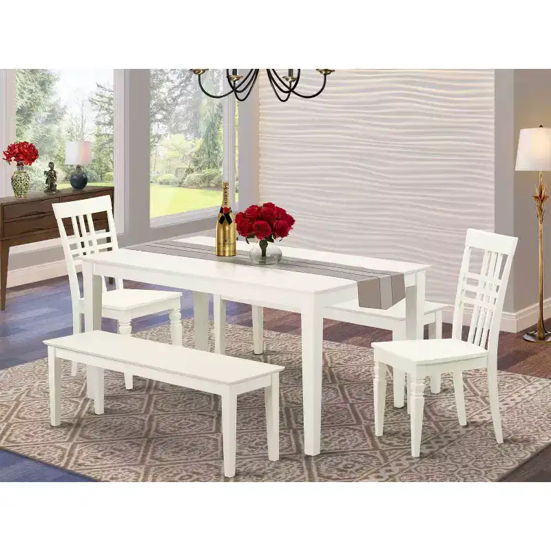 HomeStock 5-Piece Rectangle Linen White Finish Solid Wood Top Dining Table with 2 Benches, 2 Chairs
