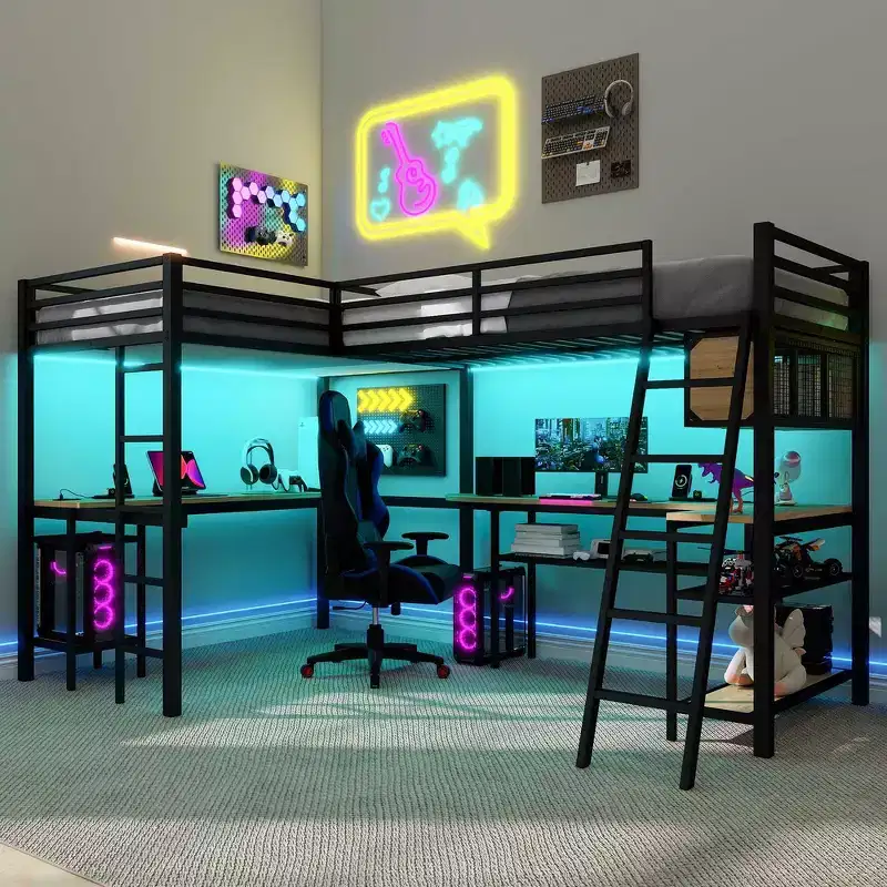 Whisen Twin Metal L-Shaped Loft Bed with Storage Shelves, 2 Built-in Desks - Black