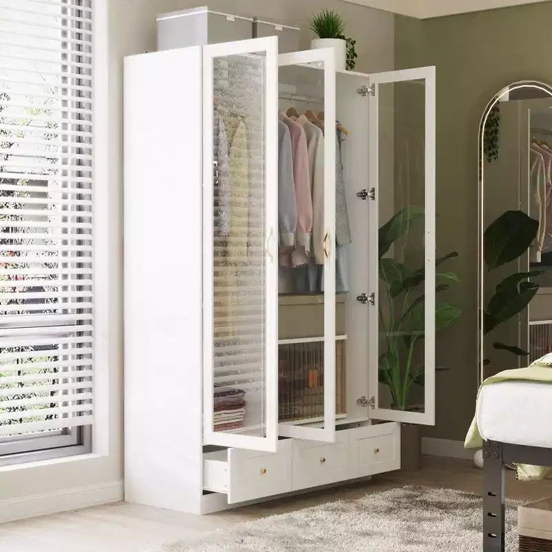 Famapy White Wardrobe 3 Glass Cabinet Doors Double Hanging Area Armoire