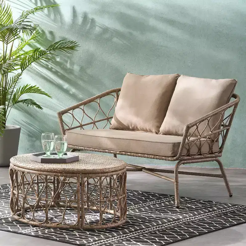 GDFStudio Colmar Outdoor Wicker Loveseat and Coffee Table Set with Cushions, Light Brown/Beige