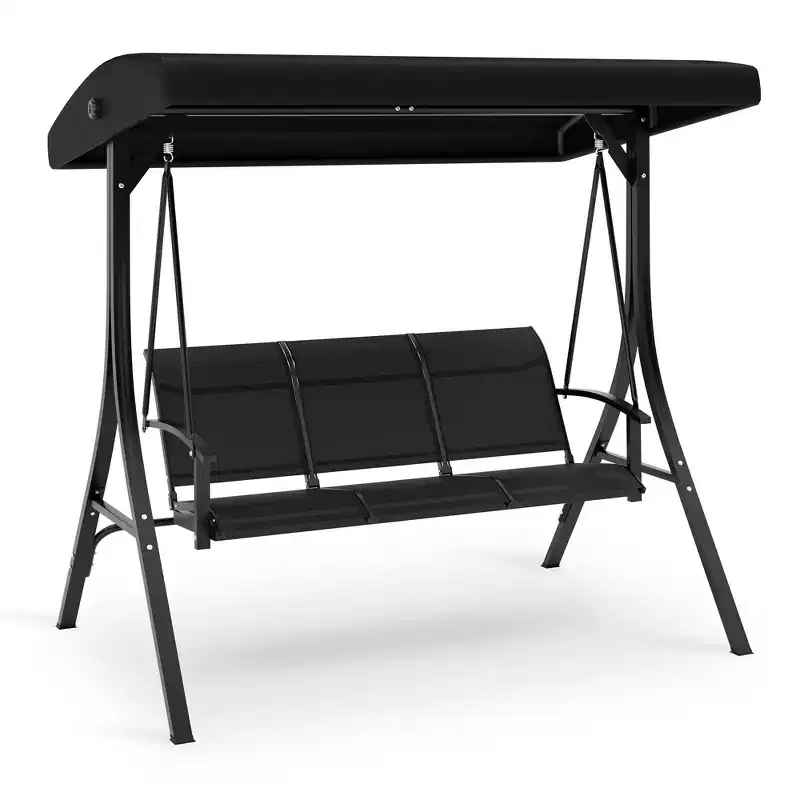 COZONY 3-Seat Black Patio Swing Chair - Adjustable Canopy & Armrests, Breathable Textilene Fabric Hanging Bench for Garden Poolside Backyard
