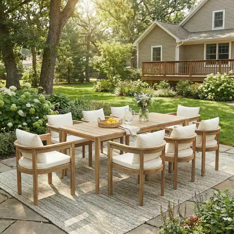 Christopher Knight Home Irene Rustic 9 Piece Outdoor Acacia Wood Dining Set with Curved Backrest Chairs and Cushions