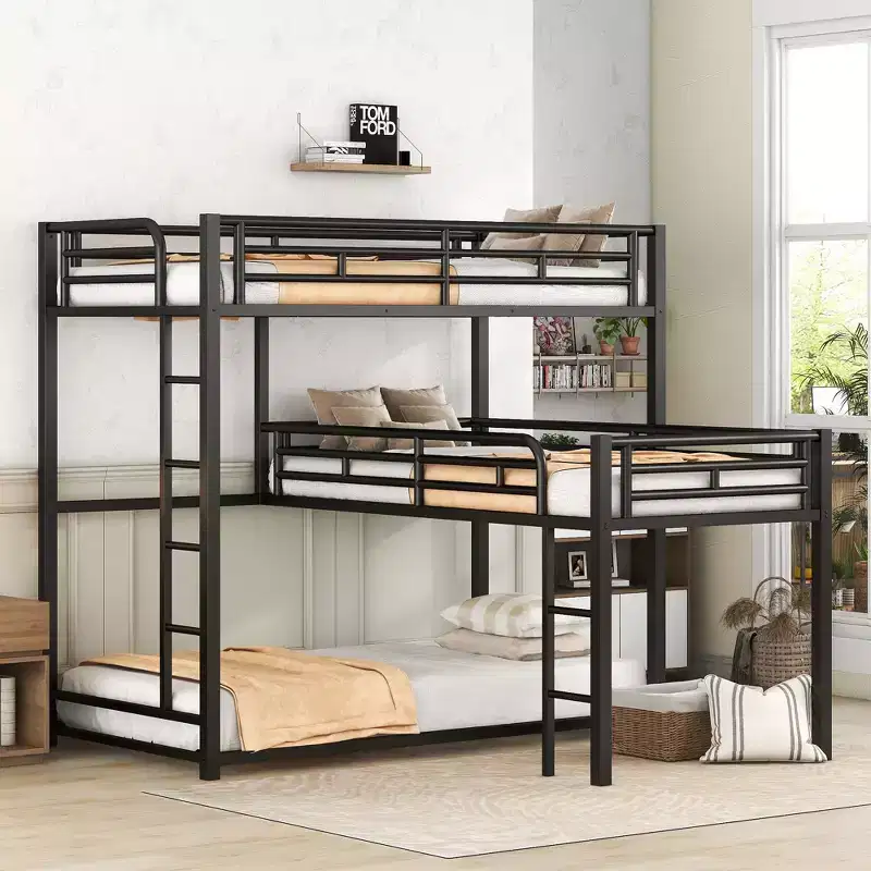 L-shaped Metal Triple Twin Size Bunk Bed with 2 Ladders- Black