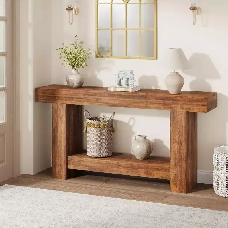 63 Inches Farmhouse Console Table, 2-Tier Entryway Table with h-Shaped Base, Narrow Entry Table Long Sofa Table Hallway Accent Table for Living Room