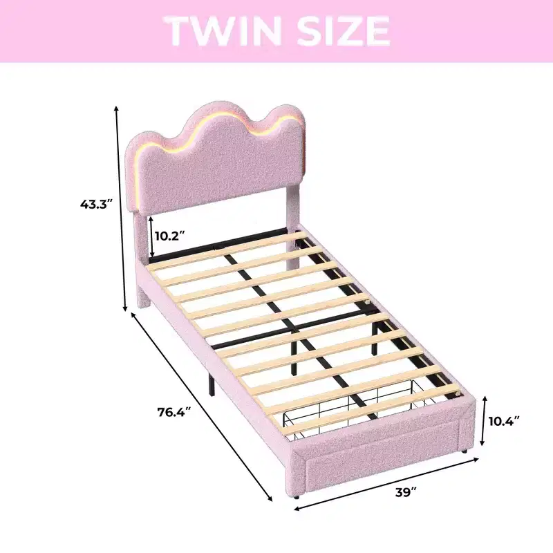 Bed Frame with Adjustable Upholstered Headboard Girls Boucle Platform Bed Frame with Storage Drawers Princess Bed Frame for Kids