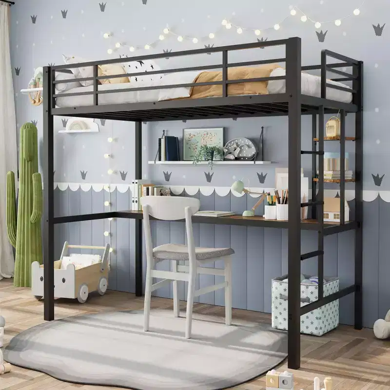 Loft Bed Twin Size with Large Desk and 2-Tier Storage Shelves, Heavy Duty Metal Loft Bed with Ladder and Guardrail for Kids and Adults