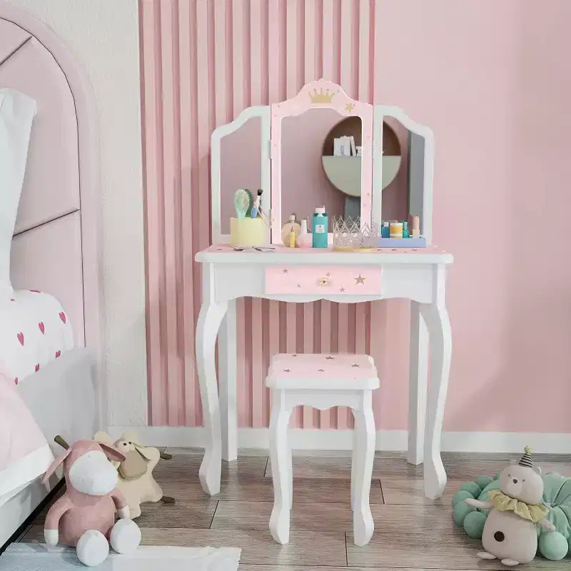 Kids Vanity 2-in-1, Tri-Folding Mirror, Large Drawer, Solid Wooden Legs, Age 4-9, Pink