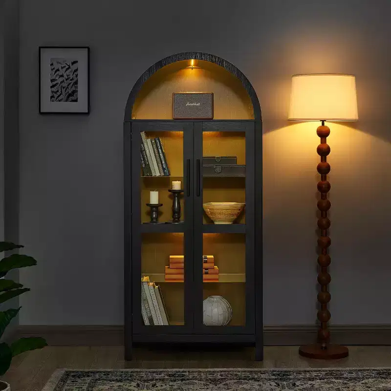 JVNOXK-A high arched storage cabinet with a lamp, a modern retro-style wooden storage cabinet with adjustable glass partitions, -Black